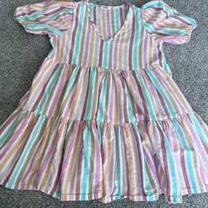 Ana 100% Cotton Multicolored Pastel Tiered Short Sleeve Babydoll Dress Size XS